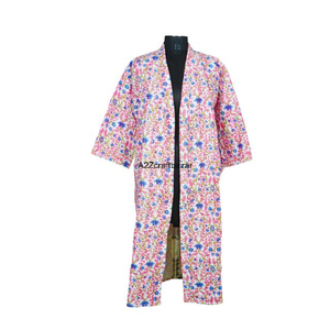 Bata de Baño Hecha a Mano 100% Algodón para Mujer, Estampado Floral Indio, Cuello en V, Cierre con Cordón, Mangas Largas, Largo Completo - Product Image 1