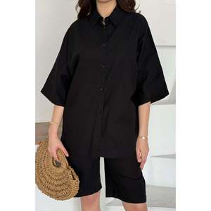 Black Short-Sleeved <b>Linen</b> Shirt and Shorts <b>Set</b> - Black - Product Image 4