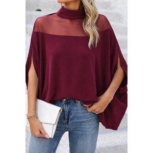 Women'<b>s</b> Turtleneck <b>Blouse</b> with Tulle Details <b>and</b> Wide Cut, Open Sides, 35557 - Burgundy - Product Image 1