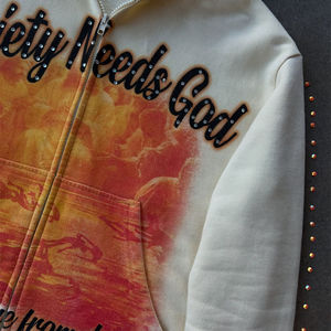 OEM venta al por mayor de lujo con diamantes de imitación letra bordada para hombre Zip up Hoodie Impresión digital personalizada Boxy Streetwear Hoodie - Product Image 2