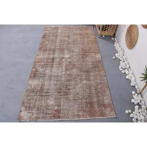 Large Area Vintage <b>Brown</b> Turkish Rug 3.6 X 6.6 ft Handmade Classic Rectangle Abstract Patchwork Pattern <b>Wool</b> Latex Room Rug - Product Image 1