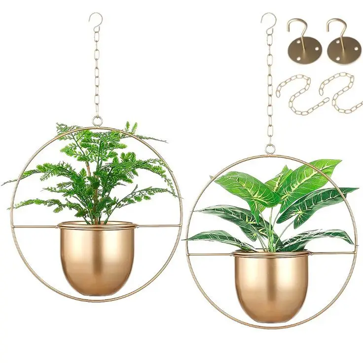Excellent Material Made In India Black And Gold Metal Iron hanging Round Planter With Chain And Wall Hook For Wall And Hall