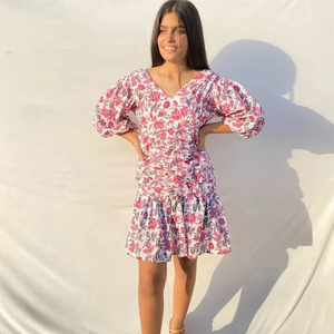 Bloque de mano indio impreso 100% algodón Boho Floral Vestido corto hecho a mano Casual elegante para dama de honor cintura Natural en venta - Product Image 1