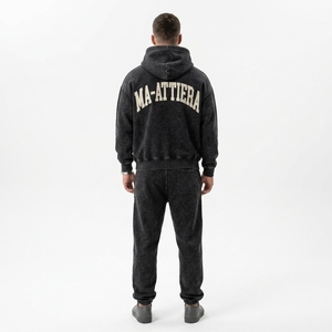Custom Men Black Washed Hoodie <b>Jogger</b> Set Cotton Fleece <b>Oversized</b> Streetwear Tracksuit OEM Wholesale - Product Image 2