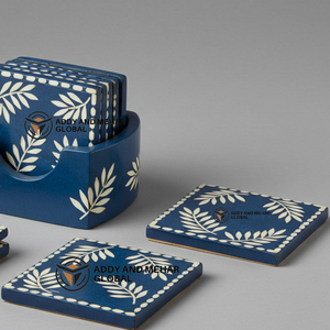 Indian Supplier Offers Handmade Blue & <b>White</b> Bone Inlay <b>Coaster</b> Set with Holder Floral Pattern Drink <b>Coasters</b> - Product Image 2
