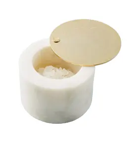 Vaso di lusso in marmo Pinch Pot e cucchiai Set di contenitori per condimenti in marmo vasetto di spezie in legno a Base di sale da fornitore indiano