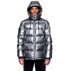 <b>Men's</b> Customized Logo Hooded Puffer Jacket New Design with Stand Collar 100% Nylon Solid Color Direct Sale shine fabric jackets - Product Image 5