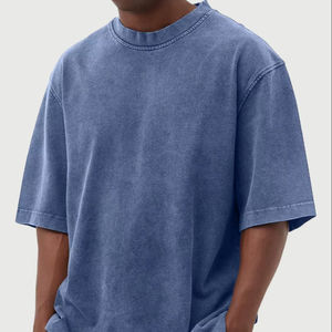 T-shirt pour homme, style streetwear classique surdimensionné, style personnalisé, coupe ample, 100% coton, délavage acide, bleu uni, mode estivale - Product Image 1