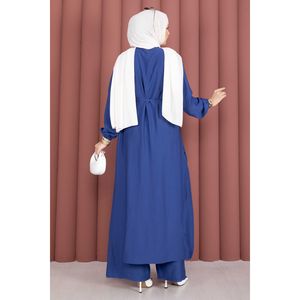 Conjunto de Túnica Larga Azul Marino de Crepé con Cuello Mao con Cordones, Estilo Casual - Product Image 6