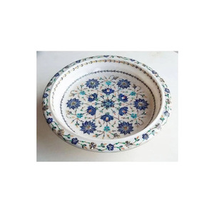 Cuenco de Mármol Blanco Puro Semiprecioso Hecho a Mano con Incrustaciones de Lapislázuli, Arte Floral, Artículo Personalizado para Cocina - Product Image 2
