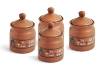 Warli Village Tales Ensemble de bocaux à cornichons et chutney en céramique multi-usages avec support en bois Ensemble de 4 pots à condiments en céramique