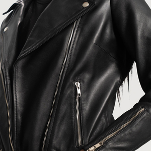 Women's Genuine <b>Leather</b> Moto <b>Jacket</b> Solid Color Zipper Closure Full Sleeve Turn-down Collar Autumn Style - Product Image 6