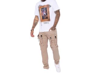 Hombres 100% Algodón Beige Slim Fit Cargo Pantalones Más demandados Paisley Patrón con Hebilla Correas Botón Fly Estilo Formal Denim Venta - Product Image 5