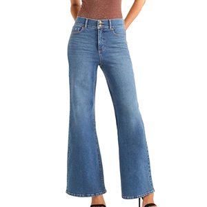 Jean taille haute personnalisé pour femmes, coupe droite, denim en coton délavé avec style devant plat et logo à boutons personnalisé - Product Image 6
