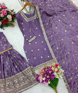 Vêtements de mariage en coton chic Kurta Dupatta avec travail de pierre luxueux et broderie florale Sharara - Product Image 4