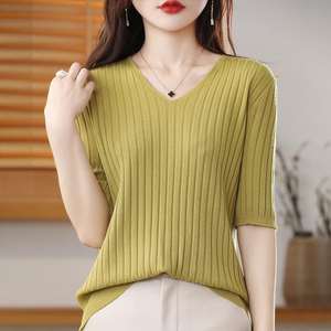 Camiseta de Mujer de Manga Corta, Cuello en V, Tejida, Informal, Nueva Moda Otoño/Invierno, Ropa Sencilla y Moderna - Product Image 2