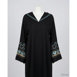 Abaya élégante noire à imprimé floral avec accents turquoise - Product Image 1