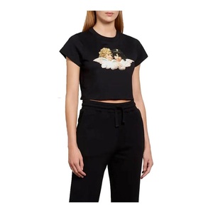 Camiseta corta de moda informal ecológica Vintage para mujer, Camiseta de punto de longitud corta con estampado personalizado - Product Image 3