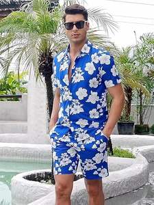 Men's Casual Summer Hawaiian Trend Print 2-Piece Beach <b>Suit</b> & Mid Waist <b>Shorts</b> Breathable <b>Short</b> Sleeve Shirt & <b>Shorts</b> Set - Product Image 2