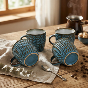 Uranian Blue Bohemian Style Mosaic Ceramic Tea <b>Cup</b> <b>Set</b> of 4 300ml Pottery Mugs with Lids Stylish Design for Gifts - Product Image 1