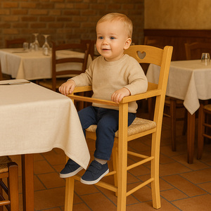 Cherry-Colored Beech Wood High <b>Chair</b> with <b>Hand</b>-Woven Straw Seat Size 36x36x85 cm - Product Image 3