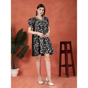 Vestido de Verano para Mujer, Cuello en V, Estampado Étnico Negro, Algodón Transpirable, Estilo Imperio - Product Image 1