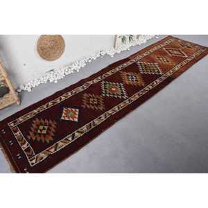 2.6x10.4 ft Rug, Vintage Herki Rug, Turkish <b>Brown</b> <b>Wool</b> Ombr Rug - Product Image 2
