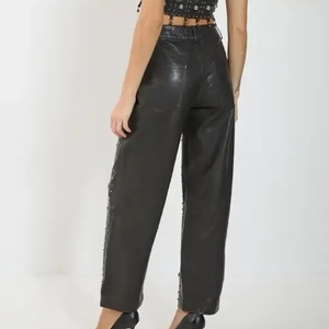 Pantalon droit pour femme en cuir véritable, respirant, avec fermeture à pression sur le devant, broderie personnalisée, automne-hiver, en stock - Product Image 2