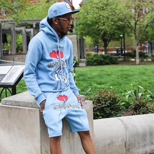 Custom Embroidery Pullover Hooded Sweatshirt & Shorts <b>Men's</b> Casual Print Streetwear 2-Piece Summer Tracksuit for Street Style - Product Image 2