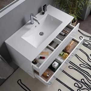 Meuble de salle de bain mural blanc brillant de 90 cm avec 2 tiroirs, miroir et lampe Baltimora, ensemble élégant - Product Image 3