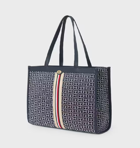 Navy monogram tote featuring a classic red and <b>white</b> stripe. Available at wholesale prices. - Product Image 1