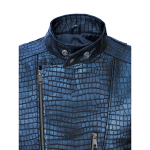 Blouson aviateur en cuir de python véritable bleu métallisé, toile imperméable, col montant, capuche, moto et motard, hiver - Product Image 4