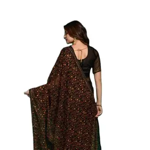 Black Colored Georgette Woman's Ethnic Fashioned Designer Long Weaving pallu And Fancy Blouse Piece Saree