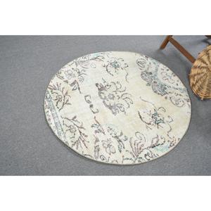 Alfombra Turca Vintage, Redonda de 4x4 pies, Alfombra de Lana con Diseño de Parches Blancos y Azules - Product Image 2