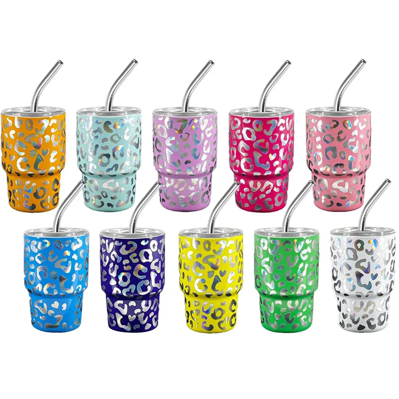 Shot-Gläser individuelles doppelwandiges isoliertes Leopard-Druckbecher 3 Unzen 2 Unzen Minikleine Sublimationsbecher mit Strohhalm Shot-Gläser Geschenkset