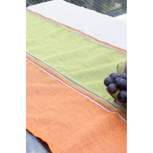 Camino de Mesa de Lino Orgánico Hecho a Mano, 50x150cm, Verde, Naranja y Blanco a Rayas, Decoración Rústica para el Hogar, Técnica de Tejido - Product Image 4