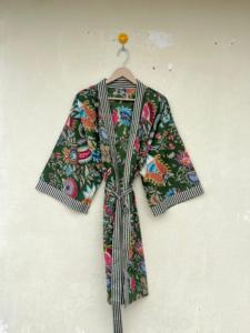 Bata de Kimono de algodón con estampado de bloques, bata de dama de honor, ropa de dormir de verano, talla única, regalo a granel para festivales, albornoz bohemio para invitados - Product Image 3