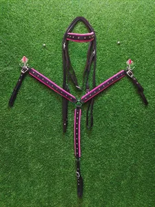Ensemble de tête et de poitrail en synthétique et cuir rose et noir avec rênes et sangles de avecer, léger, durable, design très vendu - Product Image 1
