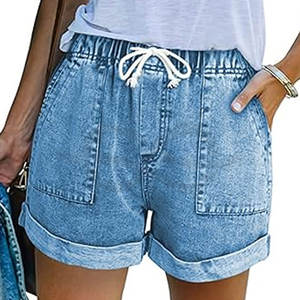 Short en jean décontracté pour femmes taille haute déchiré jean court extensible cordon taille élastique à la mode confortable - Product Image 1