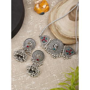 GS Peacock <b>Choker</b> with Zircon Green Maroon Flower Design for Party Occasions - Product Image 1