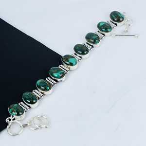 Indian Handmade Vintage Style 925 Sterling <b>Silver</b> Bezel Set Copper Malachite <b>Charm</b> <b>Bracelet</b> Boho & Hippie Unisex Christmas Gift - Product Image 2
