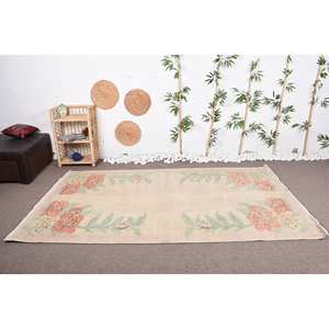 พรมสไตล์ตุรกีโบราณ4.9ft สีเบจและสีเขียวถักทอเรียบขนสัตว์สำหรับตกแต่งห้องนั่งเล่น - Product Image 1