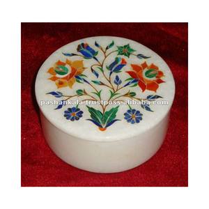 Marbre blanc rond Makrana de haute qualité, incroyable sculpture à la main, motif floral en rose avec incrustations, boîte polie - Product Image 1