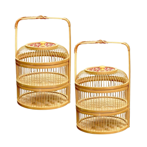 Cestas de almacenamiento de bambú de dos niveles tejidas a mano rústicas con patrones de flores Cesta de almacenamiento de frutas Cesta de regalo - Product Image 1