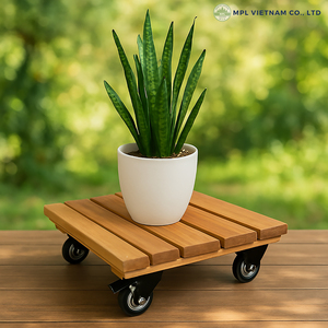 Chariot carré en bois d'acacia avec roulettes verrouillables à 360 degrés Pots de fleurs et jardinières d'extérieur de style rustique - Product Image 2