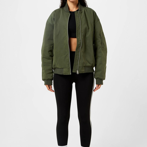 Chaqueta de bombardero de Color sólido verde poliéster 100% de alta calidad para mujer, forro de lona con acabado antiarrugas transpirable no tejido - Product Image 3