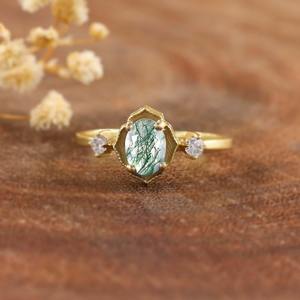 Nueva llegada 2025 anillo de ágata de musgo ovalada relleno de oro para mujer anillo minimalista de plata esterlina anillo de bodas - Product Image 4