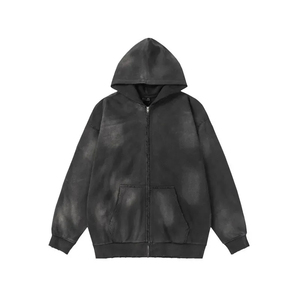 Haute qualité OEM ODM personnalisé Sunfaded fermeture éclair français éponge Streetwear fonctionnel lavage à l'acide hommes fermeture éclair lourd strass à capuche - Product Image 1