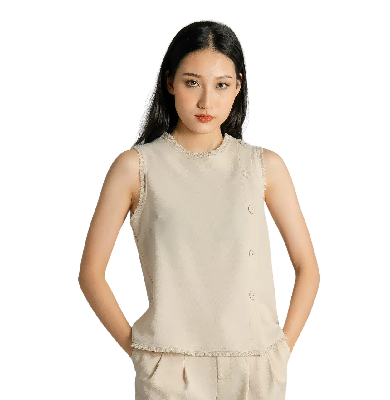 100% POLYESTER FRAYED EDGE ROUND NECK SLEEVELESS BUTTON SHORT TOP BLOUSE FULL OFF NATURAL AND NAVY