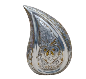 Urna de plata en forma de lágrima con diseño grabado dorado completo para urnas conmemorativas para cenizas humanas que sostienen hasta 200lbs - Product Image 1